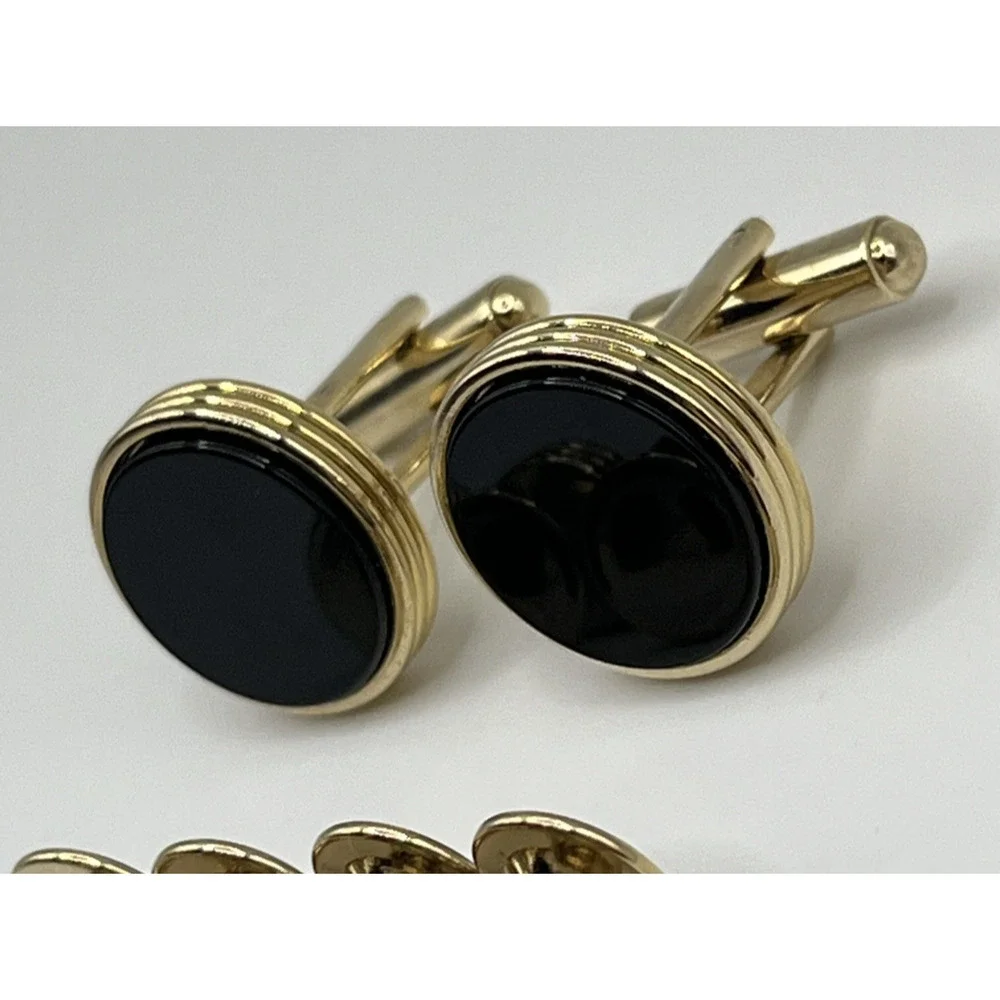 Gold Tone Black Round Cufflinks & 4 Shirt Studs Set Formal Classic
